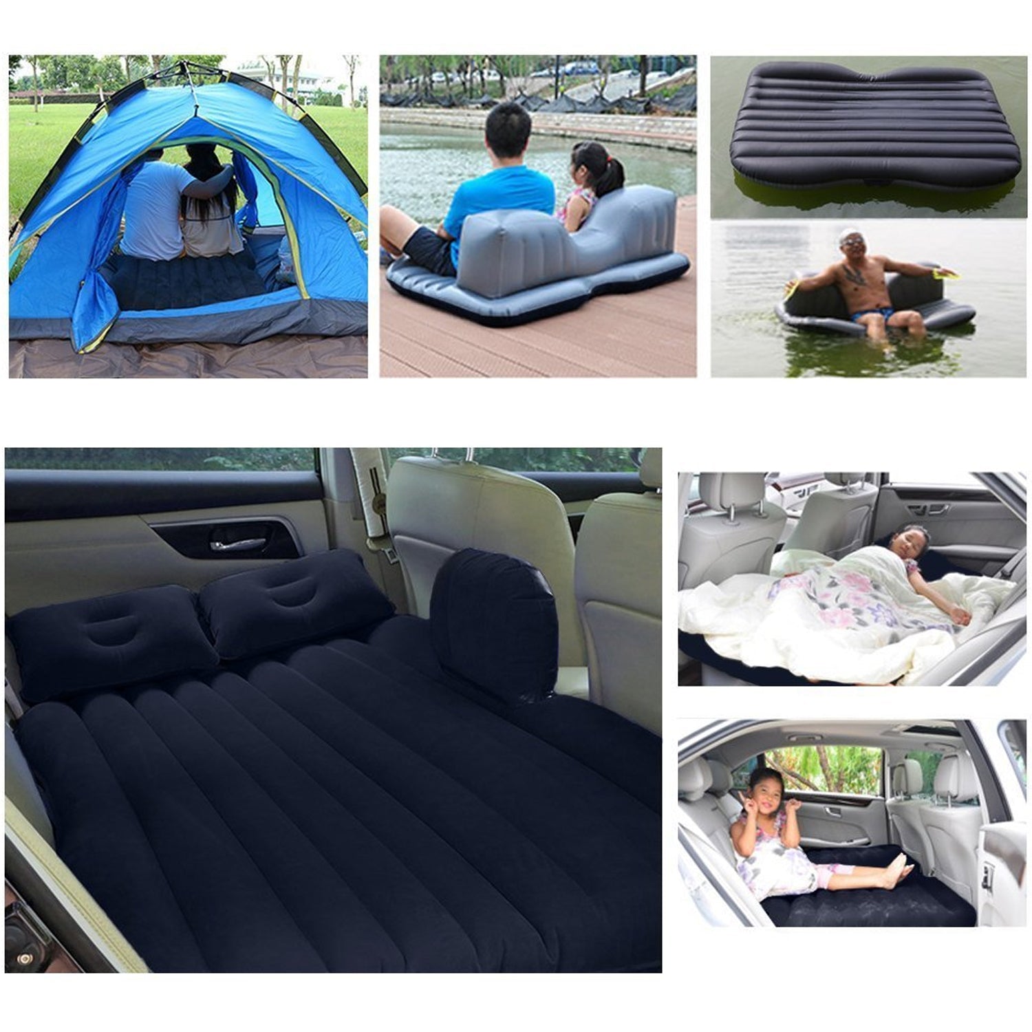 Inflatable bed with pump for car camping, includes pillows