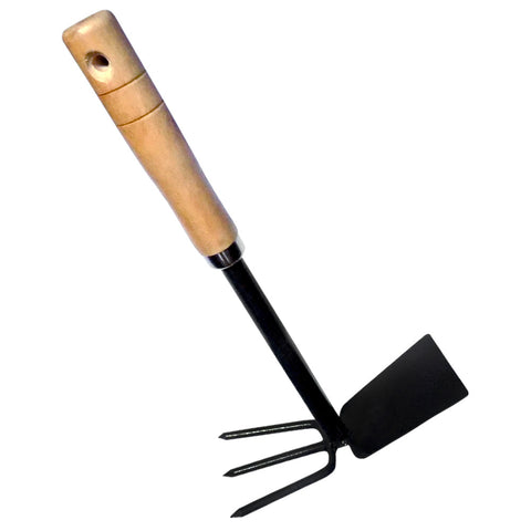 Versatile double hoe for gardening with a wooden handle.