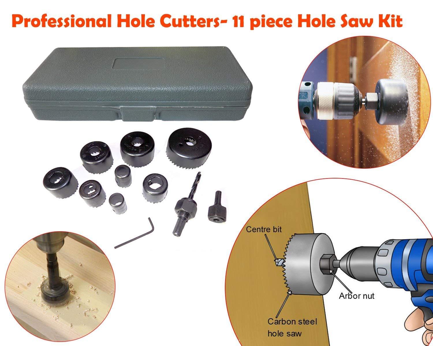 Wood cutting set with 11 hole saws in various sizes