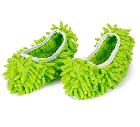 Slippers with attached mop for efficient floor cleaning.